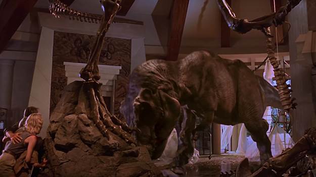 A production still of the T-Rex destroying the T-Rex skeleton and generally wreaking mayhem, havoc, and carnage on the visitors’ center