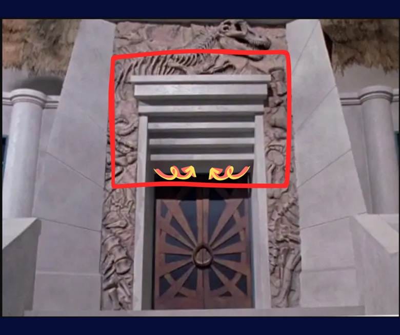 The same close-up image of the entryway, used above, with the lintel outlined in red and the steps called out with arrows