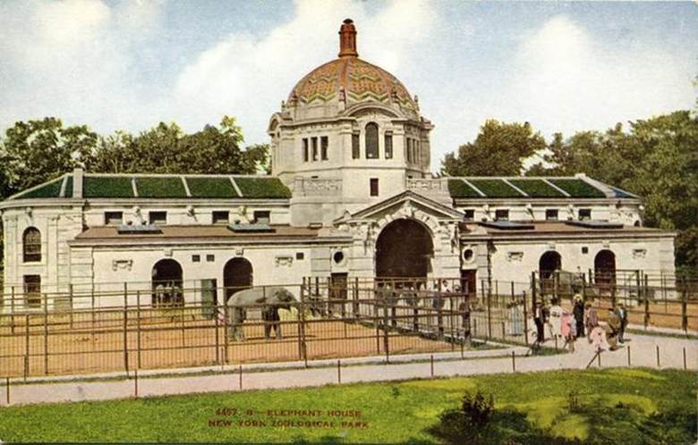 The facade of the New York Zoological Society Elephant House, built in a baroque oriental style, with a large Turkish dome. The image is from: https://www.pinterest.com/pin/842032461562467304/