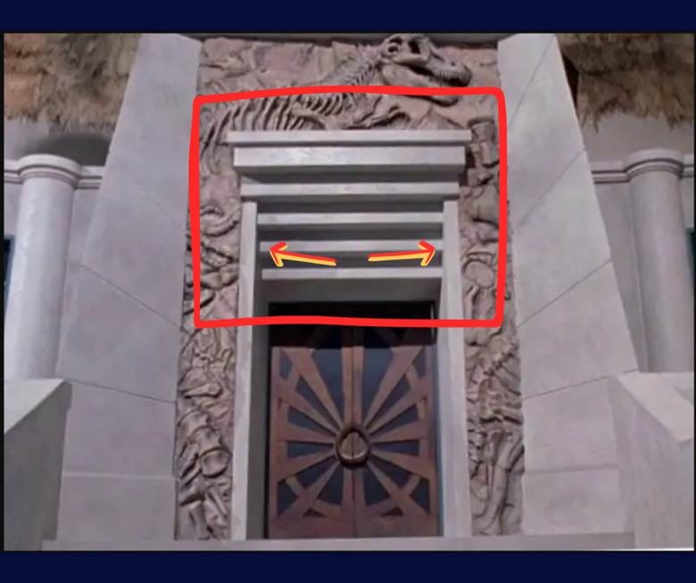 The same close-up image of the entryway, used above, with the lintel outlined in red and the columns identified with arrows.
