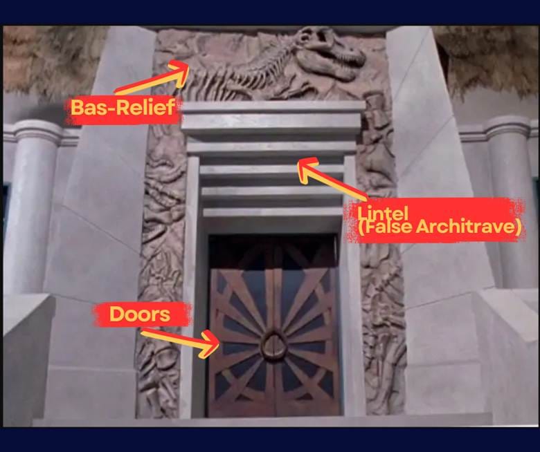 The same close-up image of the entryway, used above, with the three architectural elements called out and tagged.