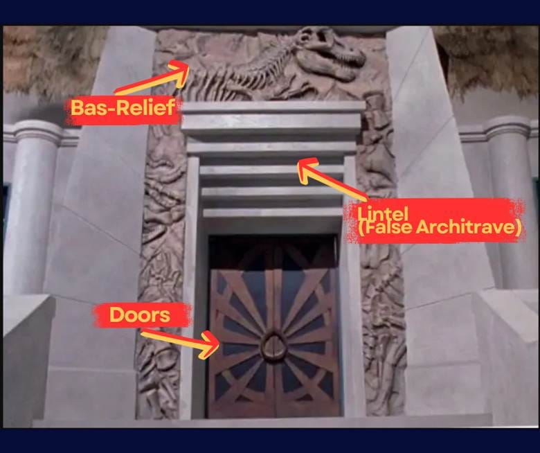 The same close-up image of the entryway, used above, with the three architectural elements called out and tagged.
